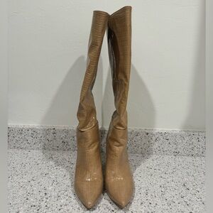 Lulus Crocodile Boots Tan Block Heel Knee High